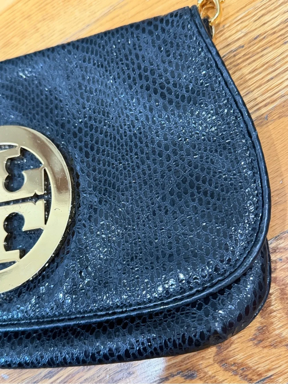Tory Burch Reva Black Snake Embossed Clutch Crossbody Gold Chain